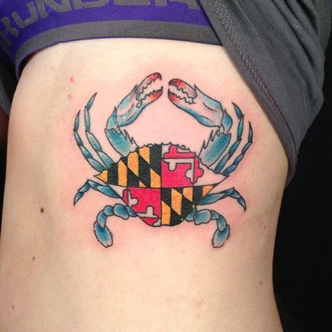 Color Ink Crab Tattoo On Side Rib