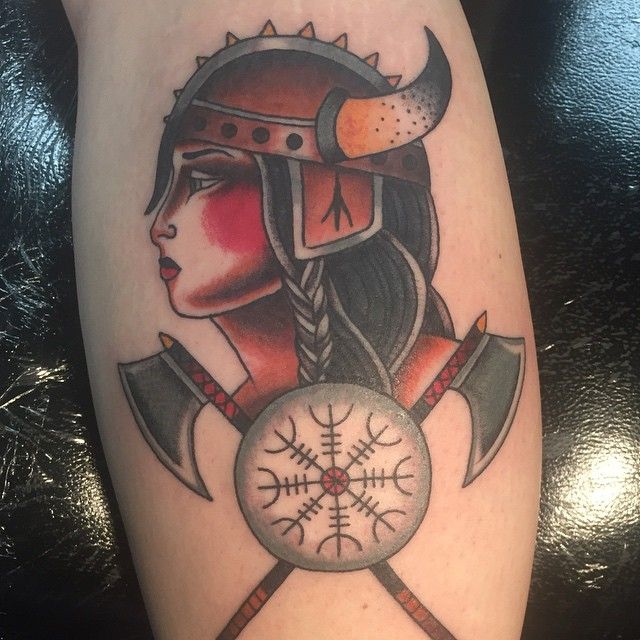 Color Ink Viking Girl Head Tattoo On Leg
