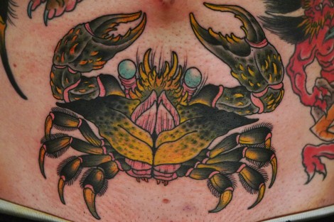 Colored Crab Tattoo On Stomach