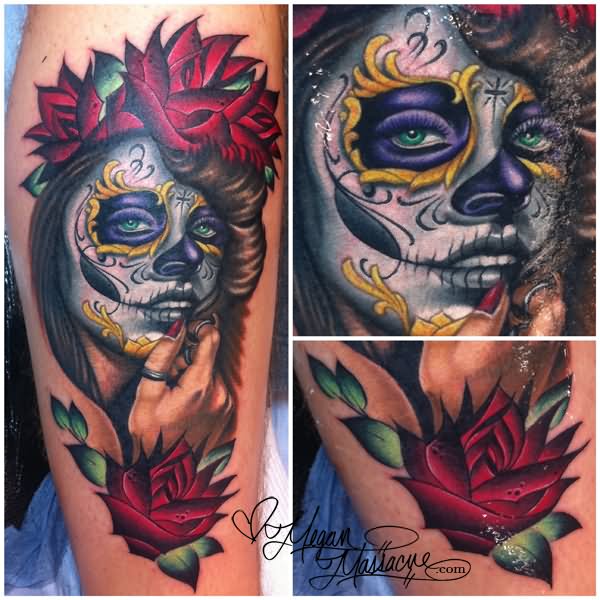 Colorful 3D Dia De Los Muertos Girl Face With Flowers Tattoo Design