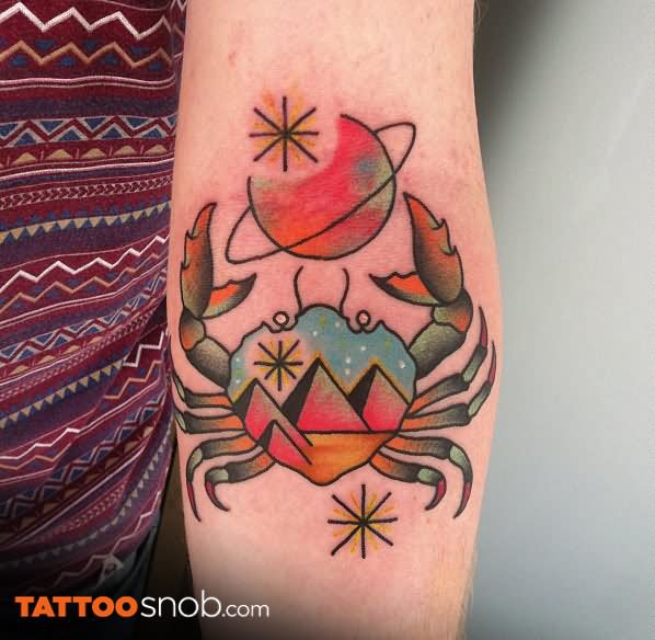 Colorful Crab Tattoo On Left Forearm