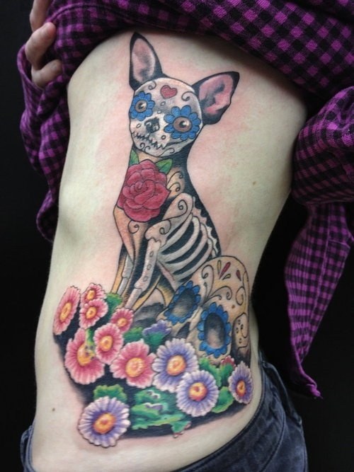 Colorful Dia De Los Muertos Dog With Skull And Flowers Tattoo On Side Rib