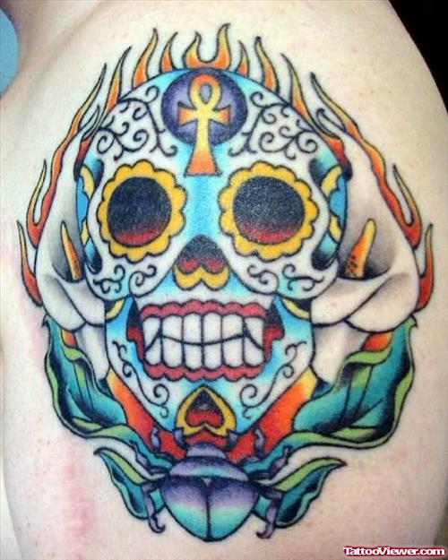 Colorful Dia De Los Muertos Face Tattoo On Shoulder