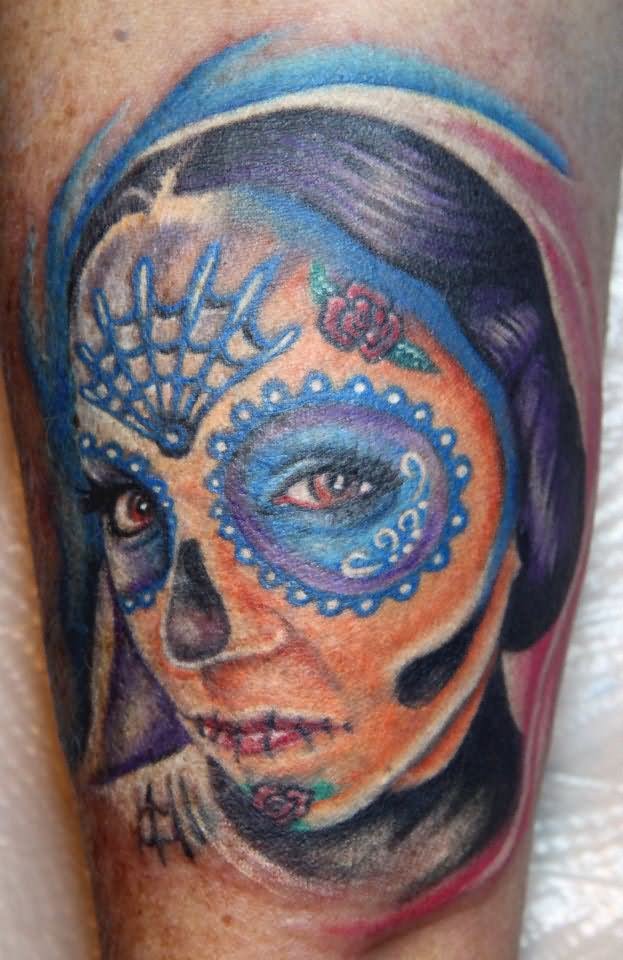 Colorful Dia De Los Muertos Girl Face Tattoo Design For Arm