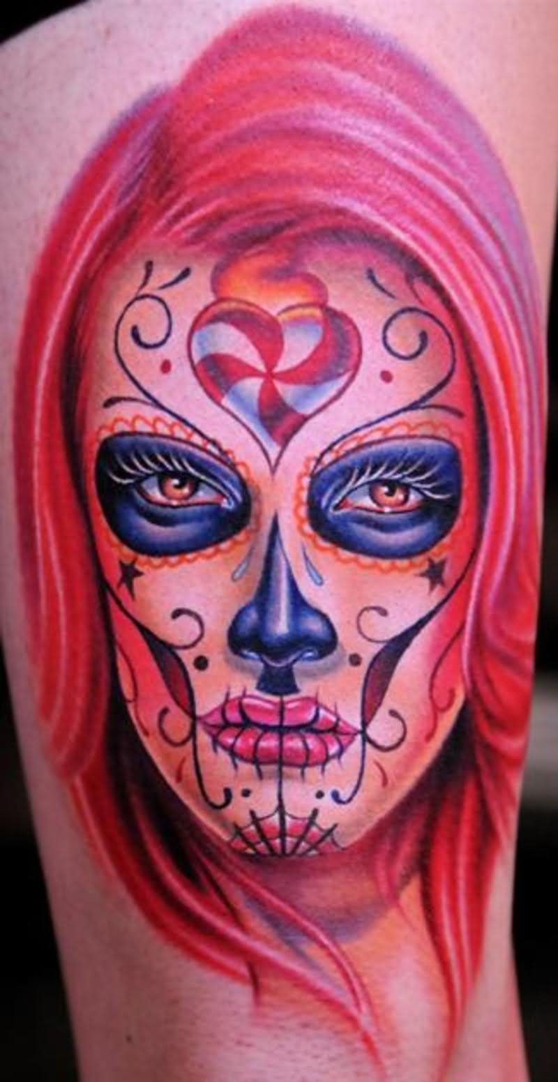 Colorful Dia De Los Muertos Girl Face Tattoo Design For Half Sleeve