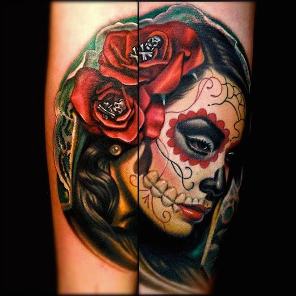 Colorful Dia De Los Muertos Girl Face Tattoo Design