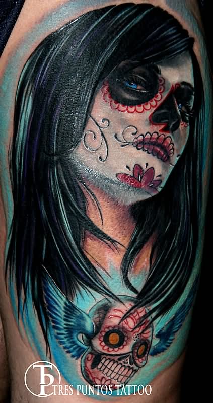 Colorful Dia De Los Muertos Girl Face With Skull Tattoo Design