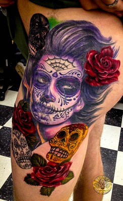 Colorful Dia De Los Muertos Girl Face With Skulls Tattoo Design For Side Thigh