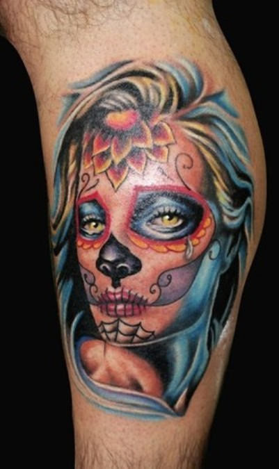Colorful Dia De Los Muertos Pin Up Girl Face Tattoo Design