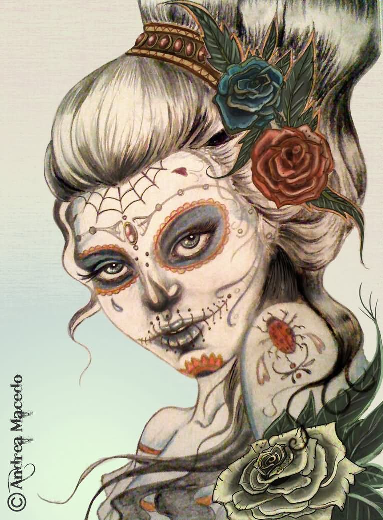 Colorful Dia De Los Muertos Pin Up Girl Tattoo Design