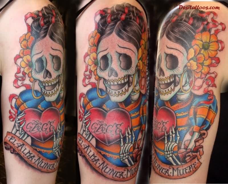 Colorful Dia De Los Muertos Skeleton With Banner Tattoo On Half Sleeve