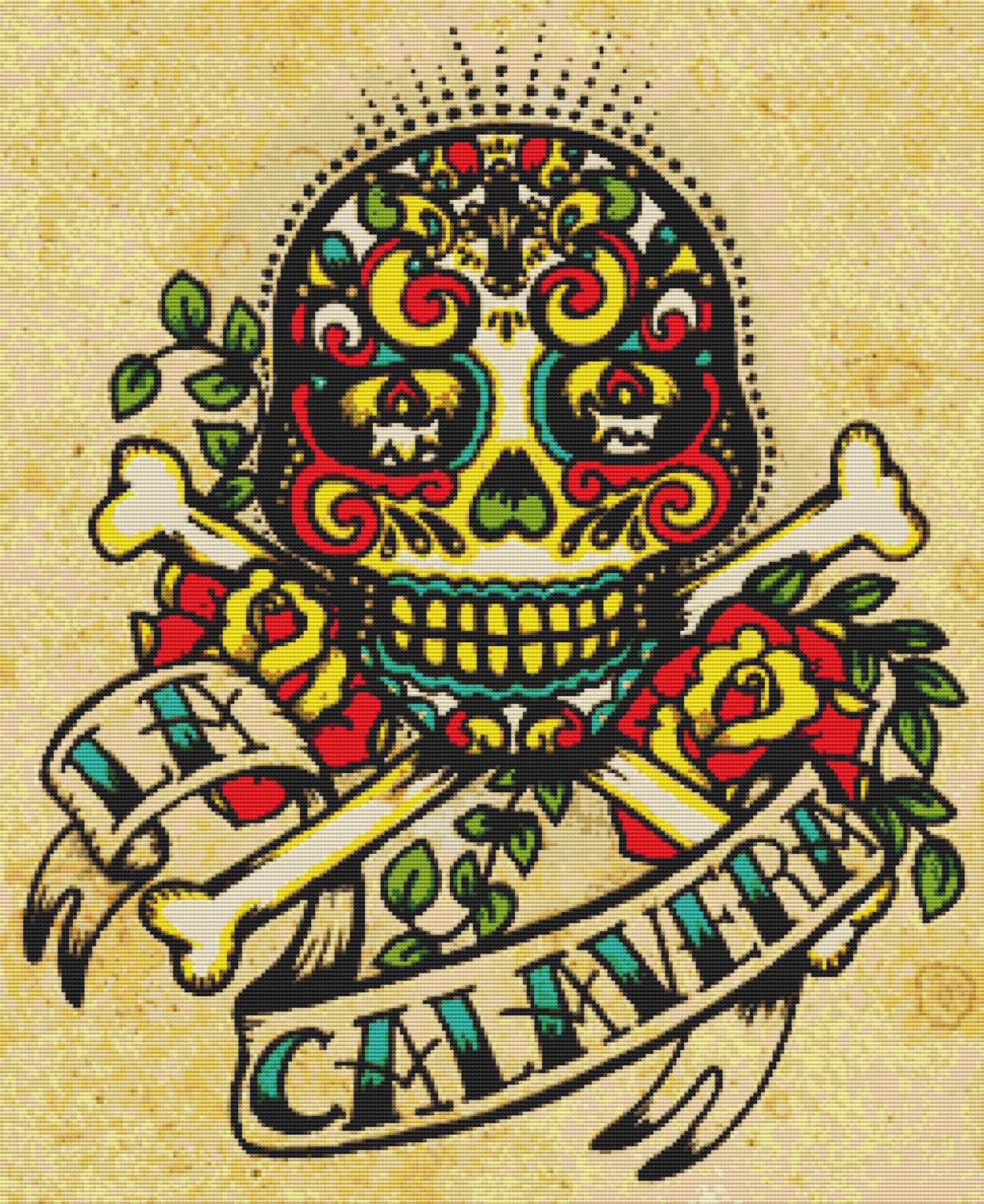 Colorful Dia De Los Muertos Skull Danger Skull With Banner Tattoo Design