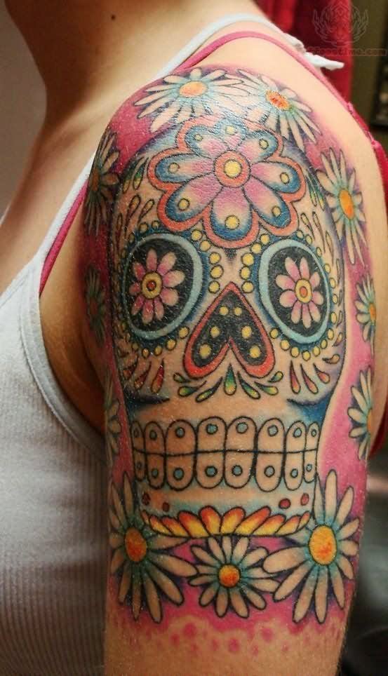 Colorful Dia De Los Muertos Skull Tattoo On Left Half Sleeve