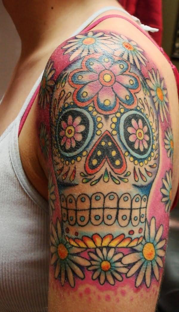 Colorful Dia De Los Muertos Skull Tattoo On Left Shoulder