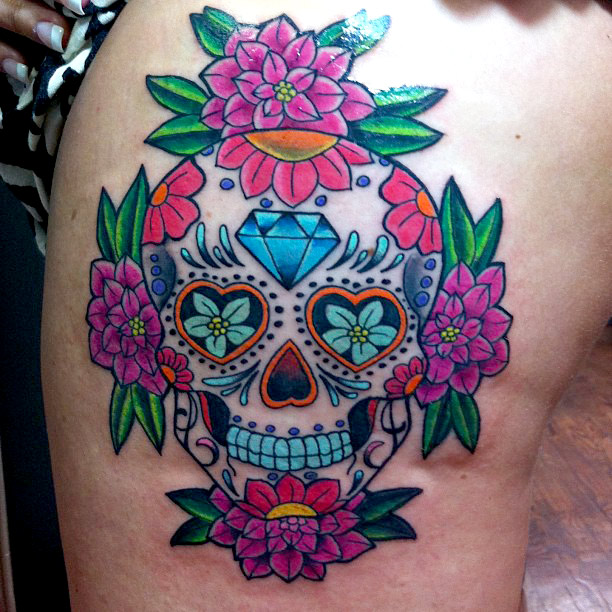 Colorful Dia De Los Muertos Skull With Flowers Tattoo Design For Shoulder