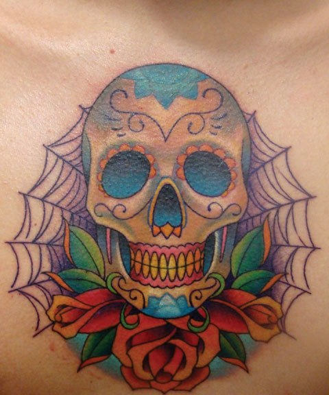 Colorful Dia De Los Muertos Skull With Rose Tattoo Design