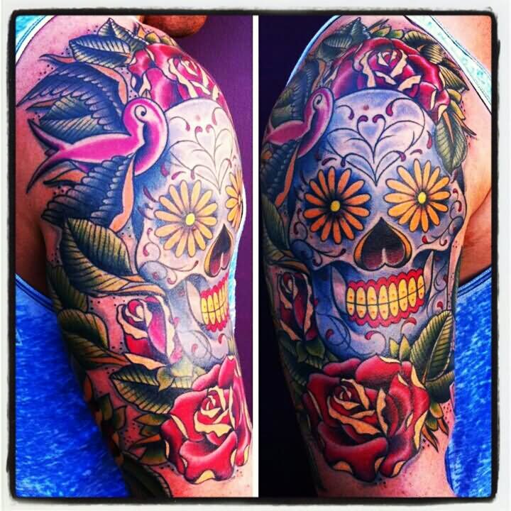 Colorful Dia De Los Muertos Skull With Roses Tattoo On Right Half Sleeve