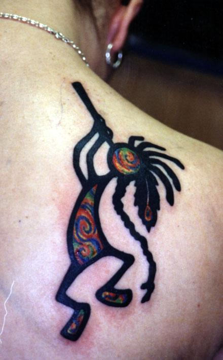 Colorful Kokopelli Tattoo On Right Back Shoulder