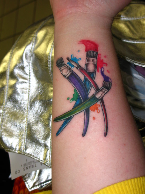 Colorful Paintbrush And Pencil Tattoo Design For Wrist