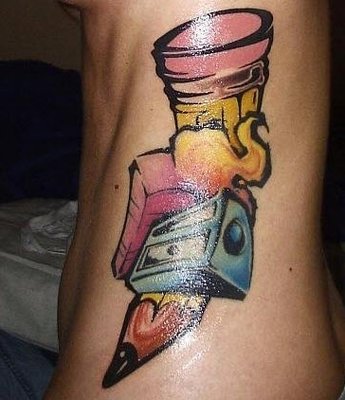 Colorful Pencil With Sharpner Tattoo Design For Side Rib
