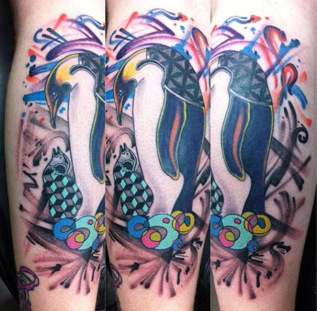 Colorful Penguin Tattoos On Legs