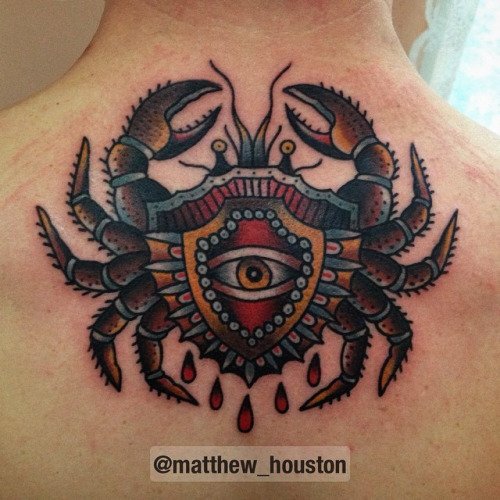 Colorful Traditional Crab Tattoo On Man Upper Back