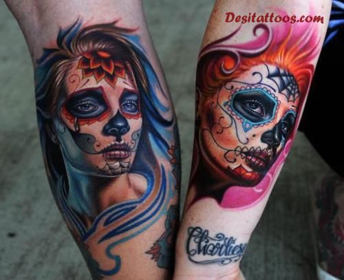 Colorful Two Dia De Los Muertos Girl Face Tattoo On Half Sleeve