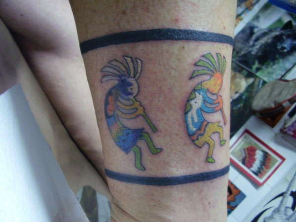 Colorful Two Kokopelli Tattoo Design For Wrist