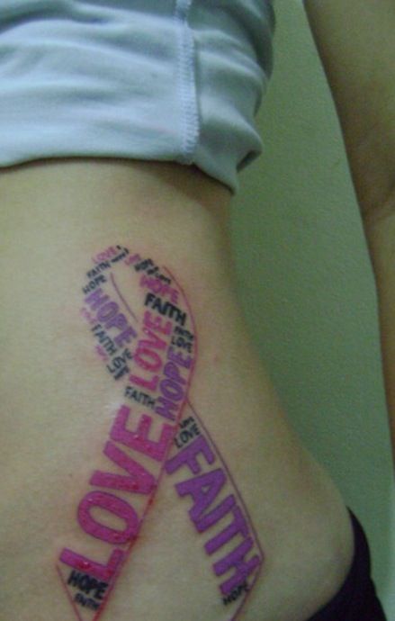 Colorful Words Cancer Ribbon Tattoo On Side Rib