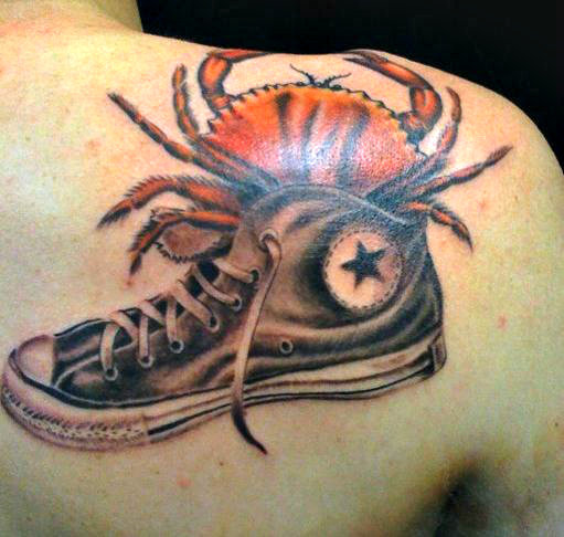 Converse Shoe And Crab Tattoo On Right Back Shoulder