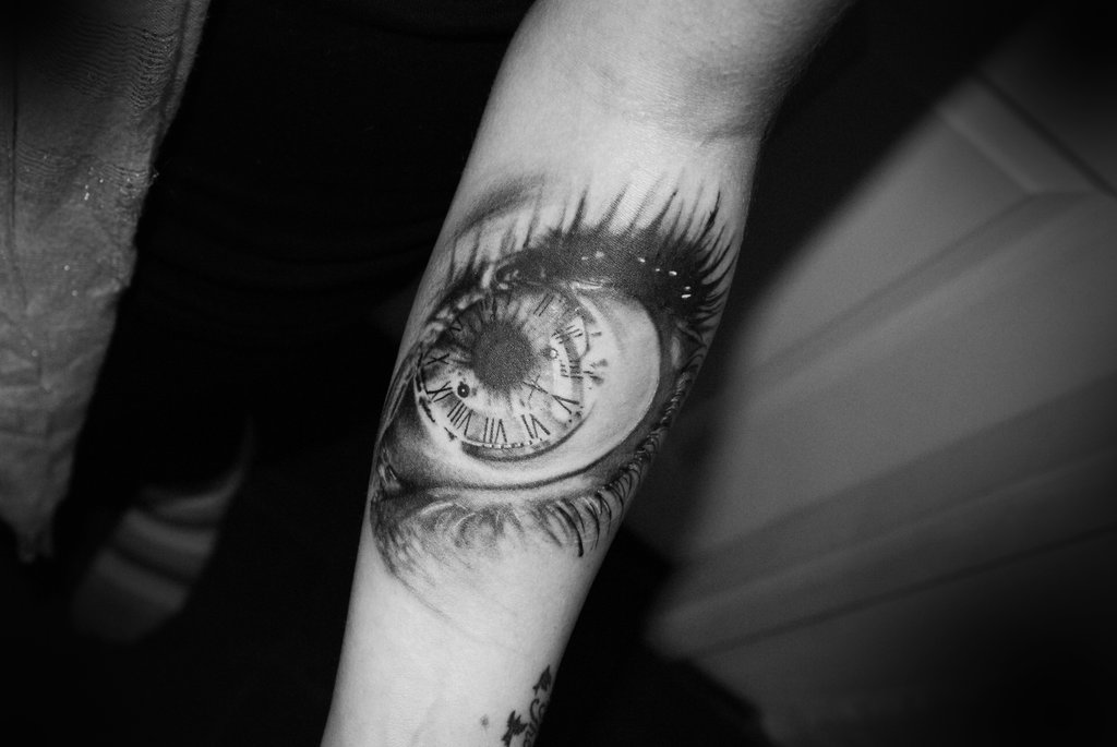 Cool Black And Grey Eye Tattoo Design For Forearm By Luke Sayer