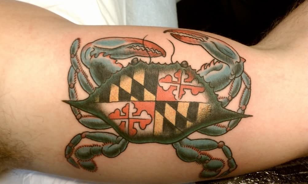 4 Colored Crab Tattoos On Bicep