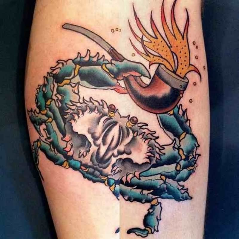 Crab With Smoking Pipe Tattoo On Leg