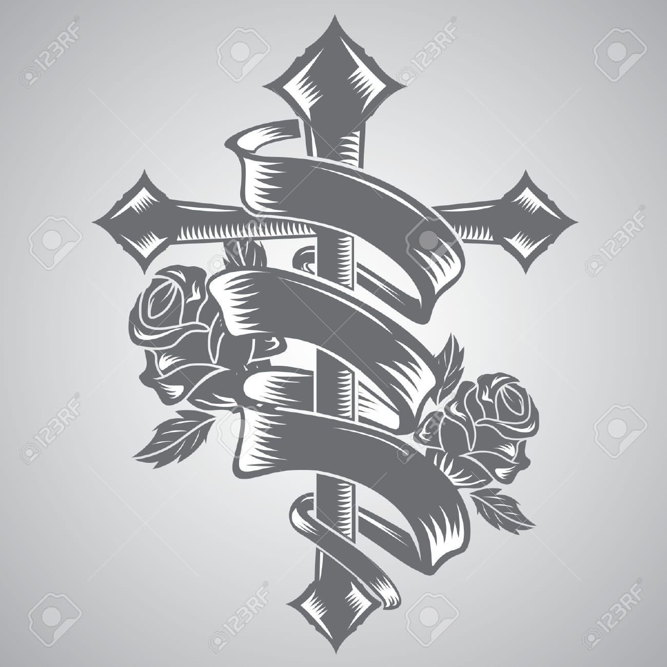 Cross With Roses And Ribbon Tattoo Design