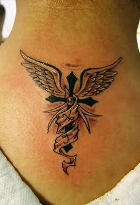 Cross With Wings And Ribbon Tattoo Design For Upper Back