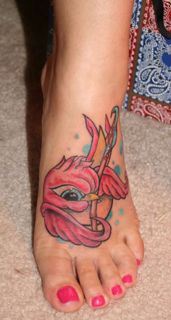 Cute Pink Bird With Paintbrush And Pencil Tattoo On Girl Foot