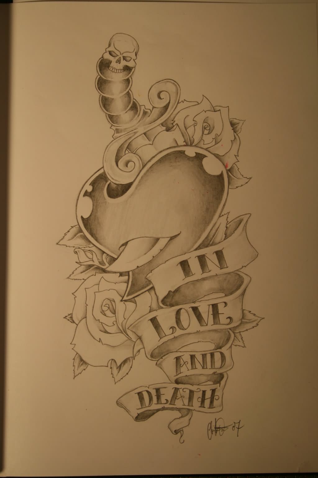 Dagger In Heart With Rose And Death Banner Tattoo Design By Chris E Davis