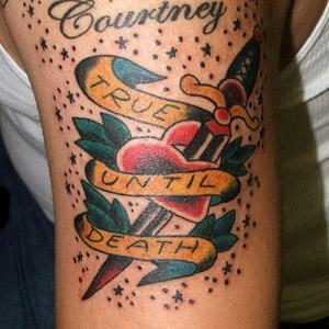 Dagger In Heart With True Until Death Banner Tattoo Design For Half Sleeve