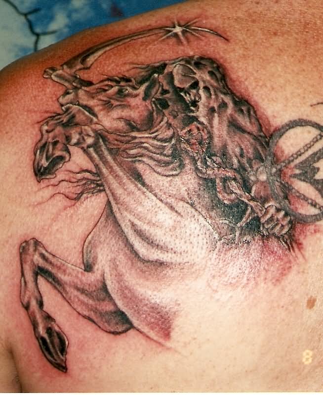 Death Grim Reaper On Horse Tattoo On Left Back Shoulder