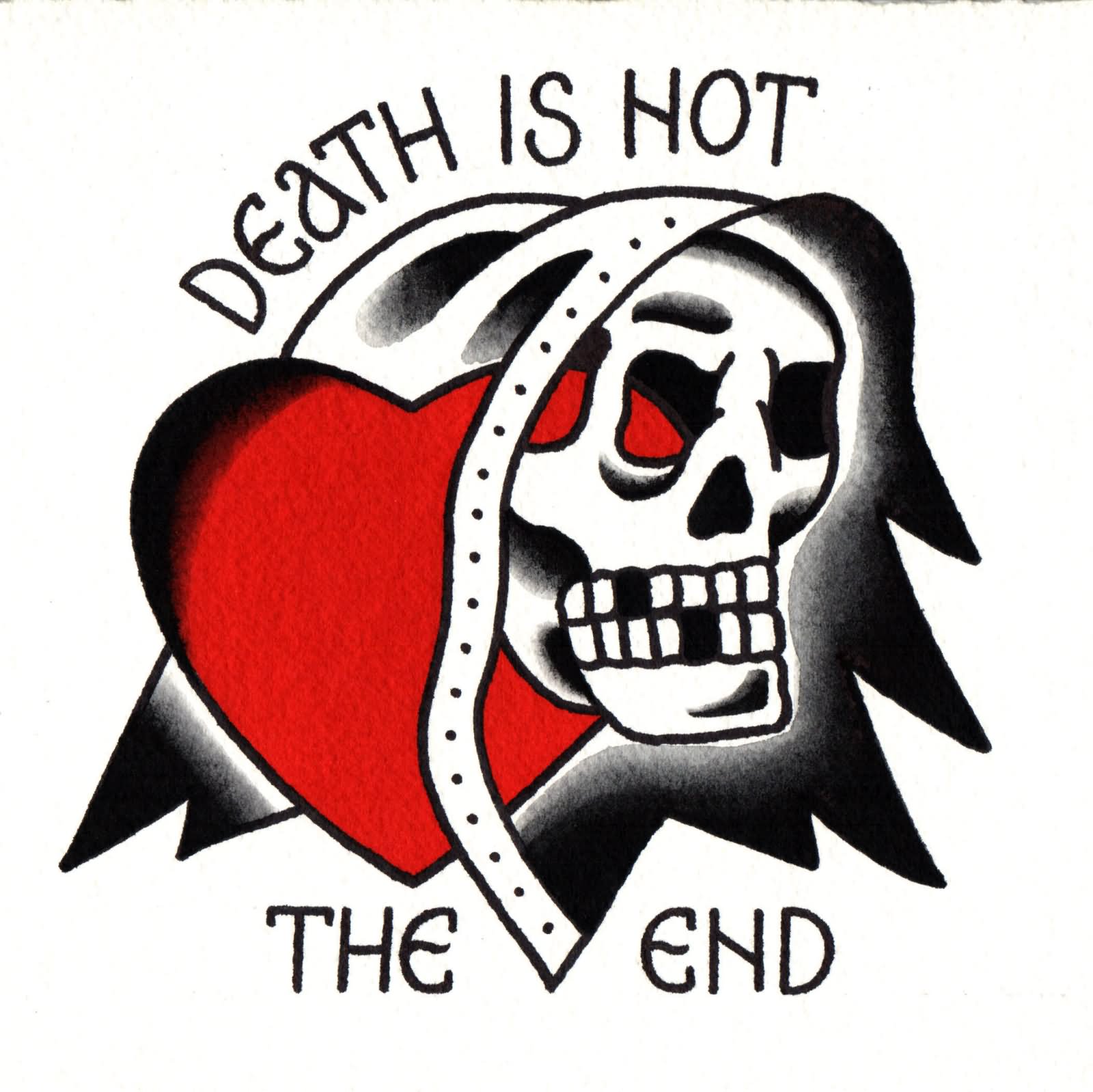 Death Is Hot The End - Traditional Skull With Heart Tattoo Design