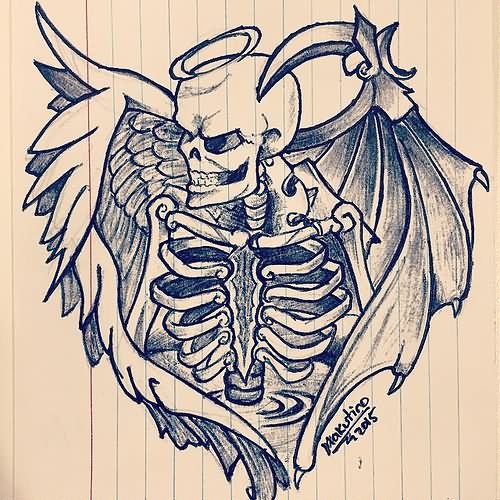 Death Skeleton With Devil And Angel Wing Tattoo Design