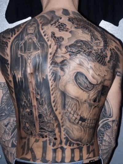 Death Skull With Grim Reaper Tattoo On Full Back