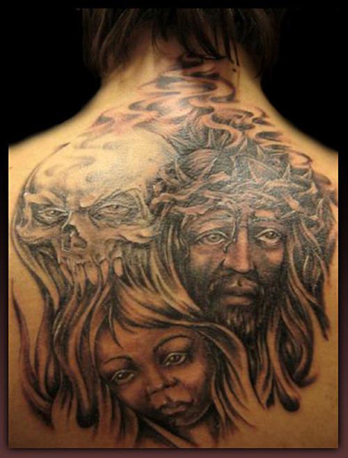Death Skull With Jesus Face Tattoo Design For Upper Back By Daniel Hofer