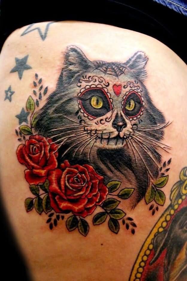 Dia De Los Muertos Cat With Roses Tattoo Design