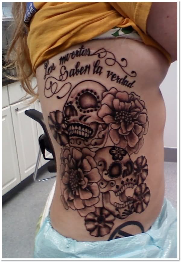 Dia De Los Muertos Couple Skull With Flowers Tattoo On Side Rib