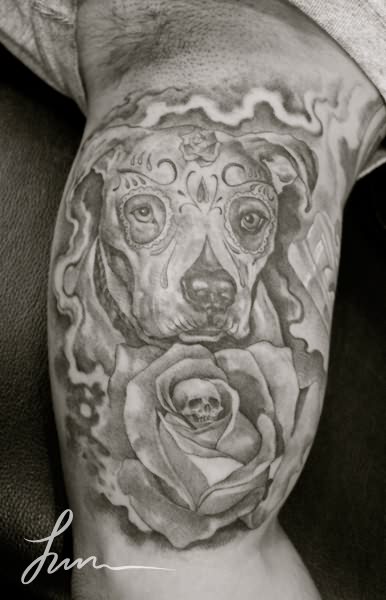 Dia De Los Muertos Dog Face With Rose Tattoo Design For Bicep