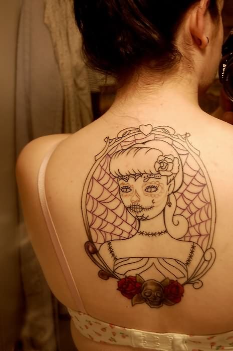 Dia De Los Muertos Girl Face In Frame Tattoo On Girl Upper Back