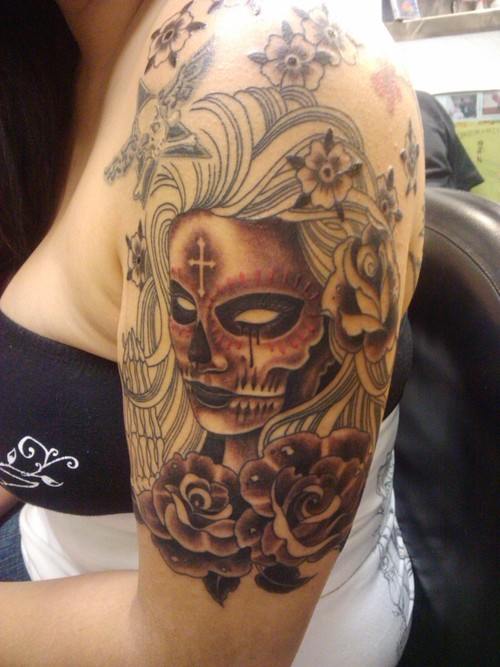 Dia De Los Muertos Girl Face Roses Tattoo On Girl Left Half Sleeve