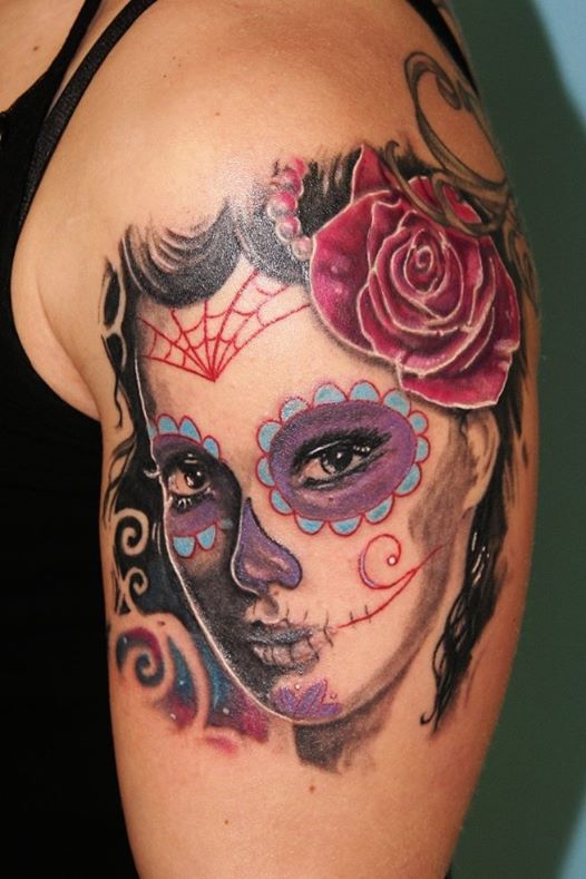 Dia De Los Muertos Girl Face Tattoo On Left Half Sleeve By Tuomas Koivurinne