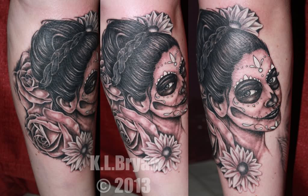 Dia De Los Muertos Girl Face With Flowers Tattoo Design For Leg